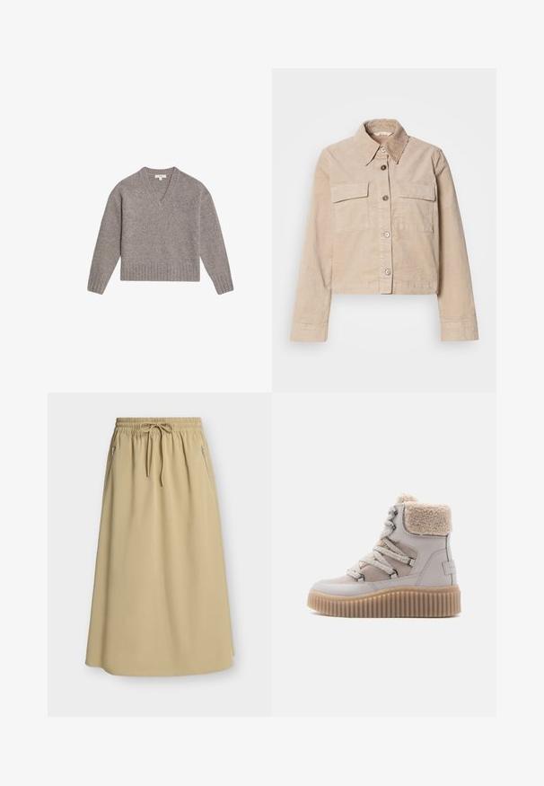 Veste beige coupée en coton. Présente un col pointu, deux poches avant et une fermeture à boutons. Tissu texturé avec un léger éclat.; Pull à col en V gris clair, fabriqué en mélange de laine douce. Il présente des manches longues et des bords côtelés au niveau des poignets et de l'ourlet, avec une coupe décontractée.; Jupe beige longueur genou avec taille élastique, cordon de serrage et poches zippées sur les côtés sur fond uni.; Baskets montantes en cuir gris clair avec une semelle en caoutchouc texturée de couleur tan. Elles présentent une doublure beige douillette, des lacets et des œillets en métal.