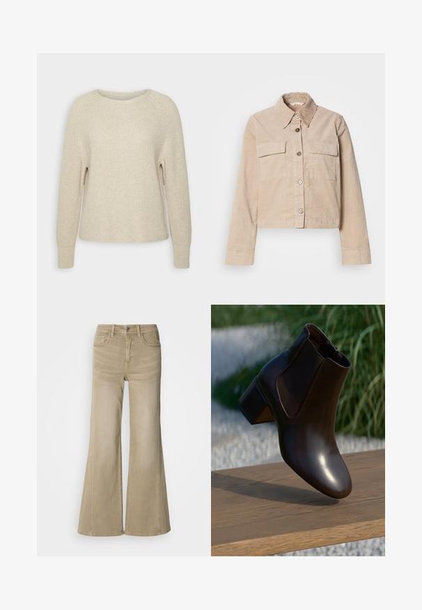 Beige cropped jakke lavet af bomuld. Har en spids krave, to forlommer og knaplukning. Struktureret stof med en subtil glans.; Lyserød strikket sweater med rund halsudskæring, raglanærmer og ribbede manchetter. Teksturen er blød med en afslappet pasform og minimal detaljering.; Beige wide-leg jeans i holdbart bomuldsdenim, med knaplukning, fem-lommekonstruktion og subtil syning langs sømmene.; Brun læder ankelstøvle med en afrundet tå og en lav blokhælhæl, der har elastiske sidepaneler og en glat, blank finish.