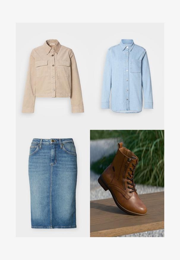 Beige cropped jasje van katoen. Heeft een puntige kraag, twee voorkruiszakken en een knoopsluiting. Getextureerde stof met een subtiele glans.; Lichtblauwe denim shirt met een knoopsluiting aan de voorkant, puntige kraag, één borstzak en lange mouwen met knoopmanchetten.; Blauwe denim kokerrok tot op de knie met voornaad, riemlussen, knoop en zakken.; Bruine leren enkellaars met zijrits en veters, geplaatst op een houten oppervlak buiten met vervaagde groene achtergrond.