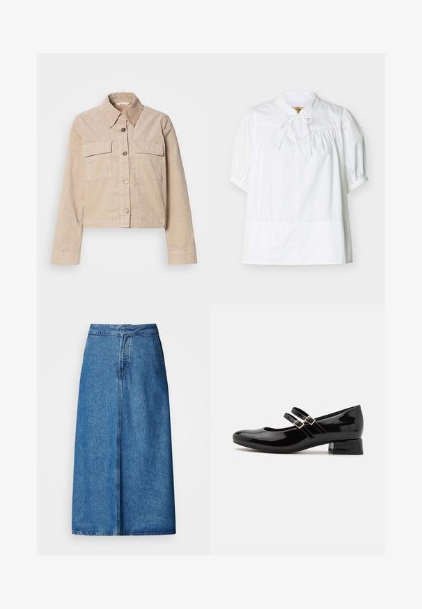 Veste beige coupée en coton. Présente un col pointu, deux poches avant et une fermeture à boutons. Tissu texturé avec un léger éclat.; Blouse blanche à manches courtes avec empiècement froncé et manches bouffantes, dotée d'un petit col montant avec un nœud noué au niveau du cou.; Jupe midi en denim à coupe décontractée, avec une taille haute, un ourlet effiloché et une couleur bleu uni. Design simple sans ornements visibles.; Des chaussures Mary Jane en cuir verni noir présentent un bout rond, deux sangles à boucle ajustables et un petit talon carré. Texture lisse, design minimaliste.