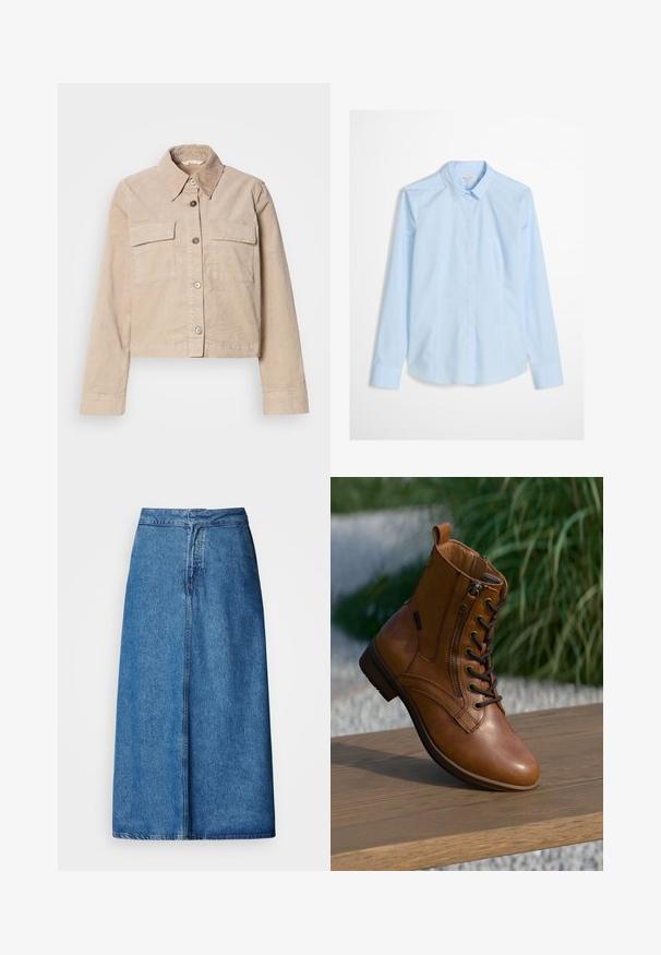 Beige cropped jakke lavet af bomuld. Har en spids krave, to forlommer og knaplukning. Struktureret stof med en subtil glans.; Lyseblå skjorte med knapper og lange ærmer, klassisk krave og et subtilt logo broderet på brystet. Glat, skarpt stoftekstur.; Denim midi-nederdel med afslappet pasform, høj talje, frynset kant og ensfarvet blå. Enkel design uden synlige udsmykninger.; Brun læderankelstøvle med lynlås på siden og snørebånd, placeret på en træoverflade udendørs med sløret grønt område i baggrunden.