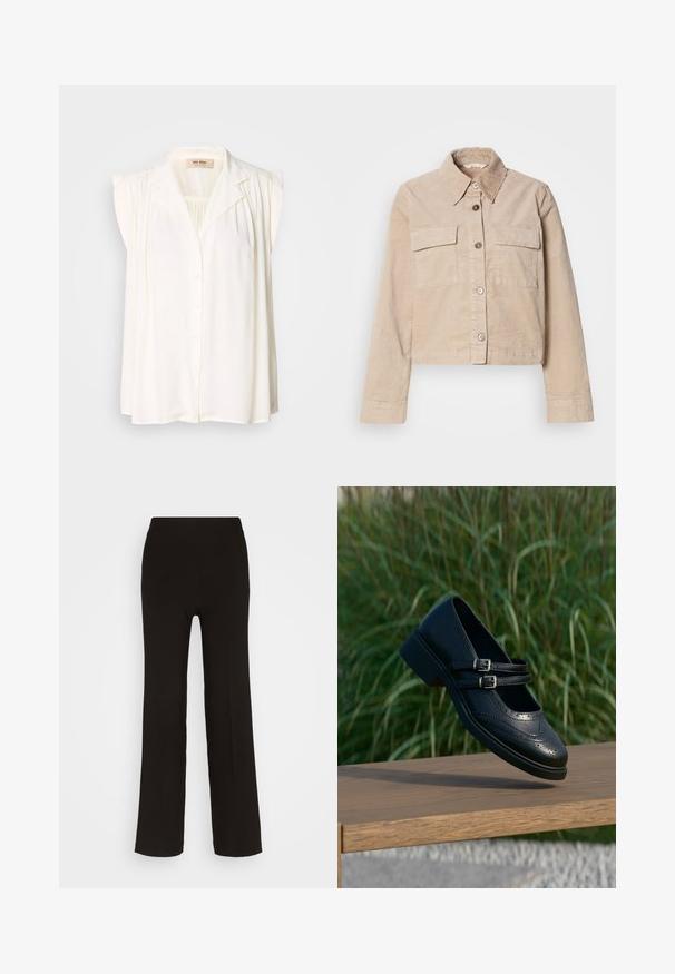 Veste beige coupée en coton. Présente un col pointu, deux poches avant et une fermeture à boutons. Tissu texturé avec un léger éclat.; Blouse sans manches blanche avec col, fermeture à boutons sur le devant et détails plissés aux épaules. Texture douce et design fluide.; Pantalons noirs à jambes larges en tissu lisse, dotés d'une taille haute ajustée et sans matériel ni motifs visibles.; Chaussure Mary Jane en cuir noir avec doubles brides bouclées et détails brogue, flottant au-dessus d'un banc en bois avec en arrière-plan de l'herbe verte.