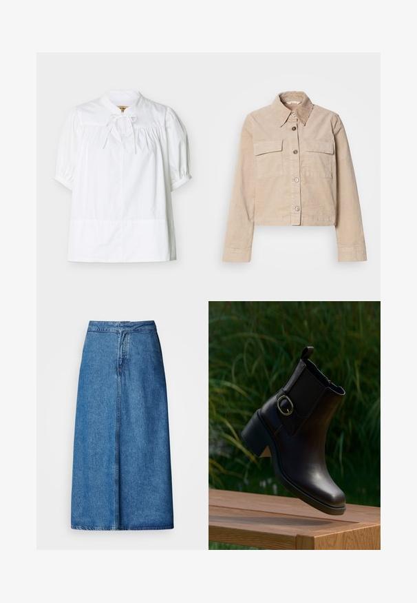 Veste beige coupée en coton. Présente un col pointu, deux poches avant et une fermeture à boutons. Tissu texturé avec un léger éclat.; Blouse blanche à manches courtes avec empiècement froncé et manches bouffantes, dotée d'un petit col montant avec un nœud noué au niveau du cou.; Jupe midi en denim à coupe décontractée, avec une taille haute, un ourlet effiloché et une couleur bleu uni. Design simple sans ornements visibles.; Bottine en cuir noir avec un petit talon et une boucle latérale flottant au-dessus d'une surface en bois en extérieur avec un fond de feuillage vert.