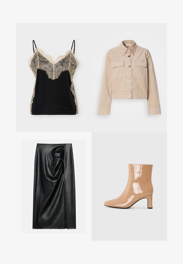 Veste beige coupée en coton. Présente un col pointu, deux poches avant et une fermeture à boutons. Tissu texturé avec un léger éclat.; Caraco en satin noir avec bordure en dentelle florale beige sur le buste, les côtés et fines bretelles réglables.; Jupe en cuir noir avec une texture lisse, présentant une section froncée sur un côté et une fente sur le côté pour un détail supplémentaire.; Bottes à talon nu patent avec un bout pointu, une finition brillante et un talon bloc de hauteur intermédiaire. Texture lisse et silhouette élégante.