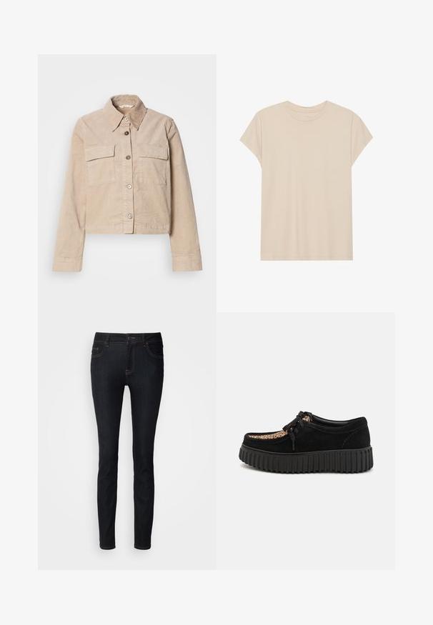 Beige cropped jakke lavet af bomuld. Har en spids krave, to forlommer og knaplukning. Struktureret stof med en subtil glans.; Beige kortærmet t-shirt lavet af blødt stof, med rund hals og en afslappet pasform. Glat tekstur uden synlige mønstre eller accenter.; Sorte denim skinny jeans med kontrastsyninger, mellemhøj talje, fem-lomme design og en glat tekstur.; Sort ruskindssko med leopardmønster, rund tå, snørebåndsdesign og tykk sort gummisål med ribbet tekstur.