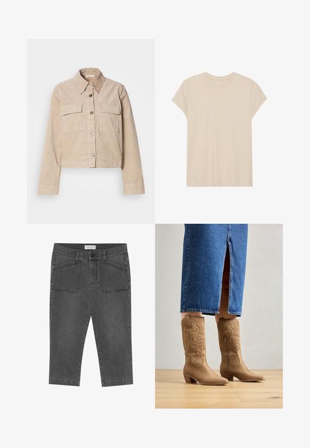 Beige cropped jakke lavet af bomuld. Har en spids krave, to forlommer og knaplukning. Struktureret stof med en subtil glans.; Beige kortærmet t-shirt lavet af blødt stof, med rund hals og en afslappet pasform. Glat tekstur uden synlige mønstre eller accenter.; Grå denim capri-bukser med en tætsiddende design, der har frontlommer, knaplukning og en let slidt tekstur.; Tan western-stil støvler med dekorativ syning, spids tå og stakket hæl. Båret med en denimnederdel i knæ længde, der afslører støvlerne.