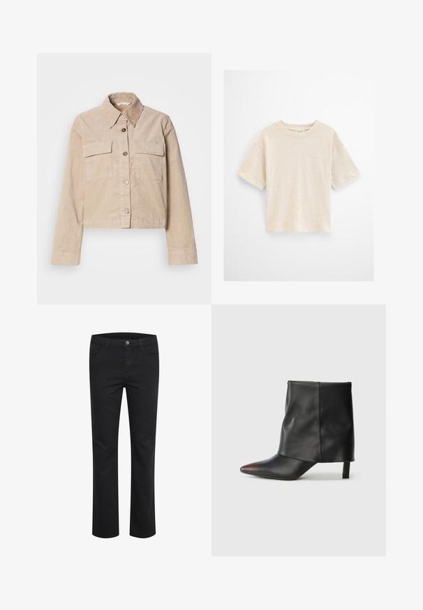 Beige cropped jakke lavet af bomuld. Har en spids krave, to forlommer og knaplukning. Struktureret stof med en subtil glans.; Flødefarvet T-shirt med korte ærmer og rund hals, løs pasform og subtil tekstur på en ensfarvet lys baggrund.; Sorte denimbukser med lige ben-design, der har to frontlommer og en enkelt metalknap ved taljen. Glat tekstur.; Sort ankelstøvle lavet af glat læder med spids tå og tilspidset hæl. Overdelen har et let rynket design.