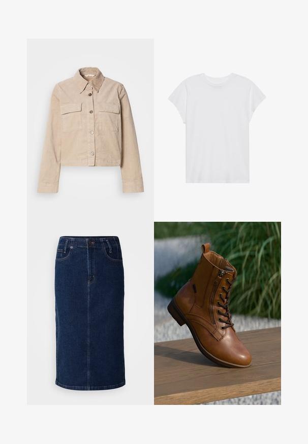 Beige verkürzte Jacke aus Baumwolle. Verfügt über einen spitzen Kragen, zwei Vorderaschen und einen Knopfverschluss. Texturiert mit einem subtilen Glanz.; Weißes kurzärmliges T-Shirt mit Rundhalsausschnitt, lockerer Passform, aus weichem Baumwollstoff. Glatte Textur, keine Muster oder Logos.; Denim-Midikleid in Dunkelblau mit geradem Schnitt, vorderen Taschen und kontrastierenden orangenen Nähten. Glatte Textur mit minimalen Details.; Brauner Leder-Stiefelette mit seitlichem Reißverschluss und Schnürsenkeln, auf einer Holzoberfläche im Freien platziert, mit unscharfem Grün im Hintergrund.