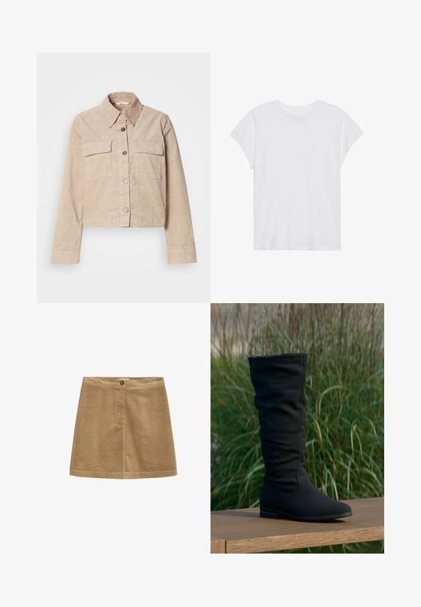 Beige cropped jakke lavet af bomuld. Har en spids krave, to forlommer og knaplukning. Struktureret stof med en subtil glans.; Hvid kortærmet t-shirt med rund hals, afslappet pasform, lavet af blødt bomuldsstof. Glat tekstur, ingen mønstre eller logoer.; Brun fløjl mini nederdel med knaplukning, der har en vertikal ribbet tekstur og et enkelt design. Kanten er lige og velafgrænset.; Sort knæhøj støvle lavet af blødt stof, med et slapt design, spids tå og flad sål, sat mod en græsplæne baggrund.
