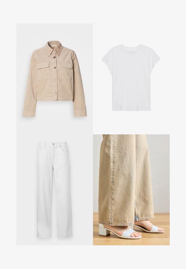 Veste beige coupée en coton. Présente un col pointu, deux poches avant et une fermeture à boutons. Tissu texturé avec un léger éclat.; T-shirt blanc à manches courtes, col rond, coupe décontractée, en tissu de coton doux. Texture lisse, sans motifs ni logos.; Pantalons en denim blanc à coupe ample, avec une fermeture à bouton et zip, des passants de ceinture et un design traditionnel à cinq poches.; Sandales à talons carrés bleu clair avec deux larges lanières. Portées avec un pantalon large beige, mettant en valeur le design de la chaussure contre la texture du tissu.