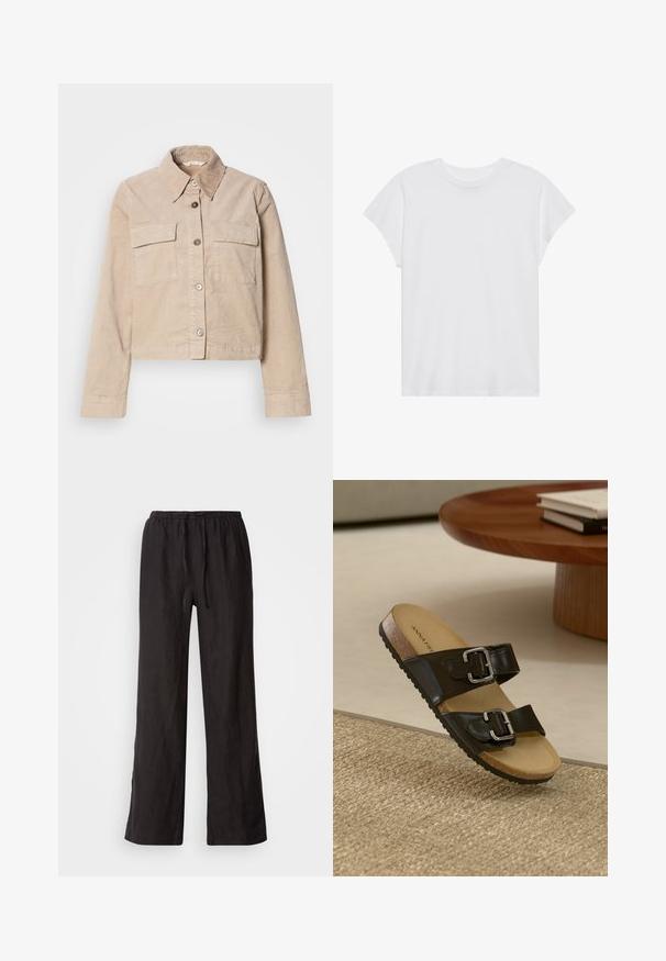 Veste beige coupée en coton. Présente un col pointu, deux poches avant et une fermeture à boutons. Tissu texturé avec un léger éclat.; T-shirt blanc à manches courtes, col rond, coupe décontractée, en tissu de coton doux. Texture lisse, sans motifs ni logos.; Pantalons noirs amples avec une taille élastique et un cordon de serrage. Fabriqués dans un tissu léger avec une texture lisse et des jambes droites.; Sandale noire à deux brides avec boucles en argent, semelle en liège et semelle en caoutchouc. Fini mate sur les brides, présentée sur une surface tissée texturée.