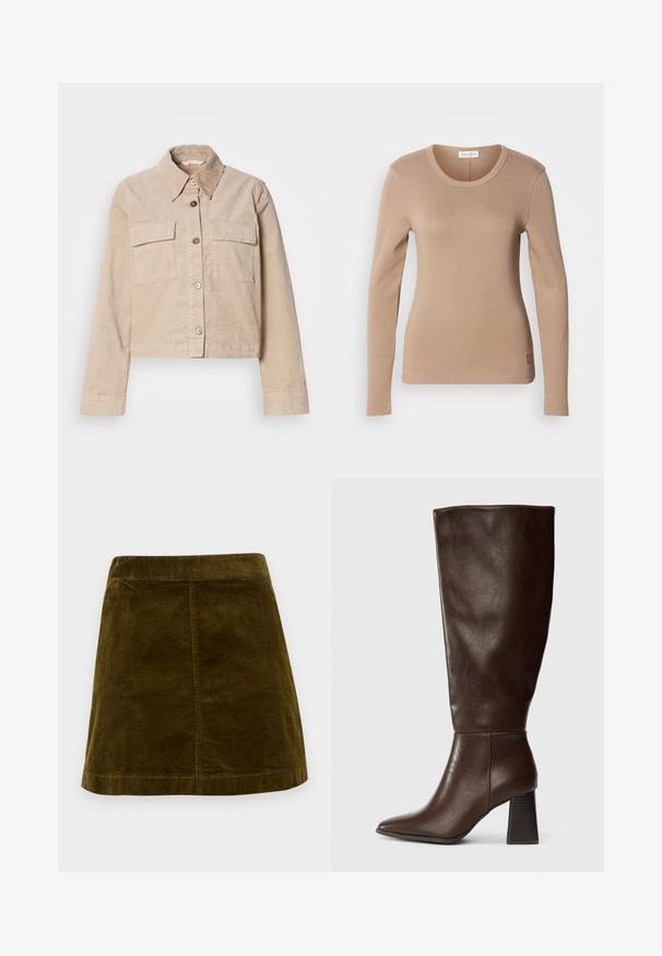Veste beige coupée en coton. Présente un col pointu, deux poches avant et une fermeture à boutons. Tissu texturé avec un léger éclat.; Haut à manches longues en beige clair, avec un col rond et une coupe slim. Fabriqué en tissu doux et extensible avec une texture subtile. Détail du logo sur l'ourlet.; Jupe mini en velours côtelé marron avec des côtes verticales, coupe droite et ourlet net. Présente une taille simple sans embellissements.; Botte en cuir marron hauteur genou avec un bout pointu et un talon texturé épais. Fini lisse avec des détails de couture minimaux.