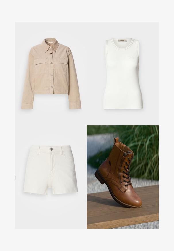 Beige verkürzte Jacke aus Baumwolle. Verfügt über einen spitzen Kragen, zwei Vorderaschen und einen Knopfverschluss. Texturiert mit einem subtilen Glanz.; Weißes, geripptes, ärmelloses Tanktop mit rundem Ausschnitt und dezentem "Mos Mosh" Logo auf der Brust.; Weiße Jeansshorts mit ausgefranstem Saum, ausgestattet mit einem frontalen Knopfverschluss, Gürtelschlaufen und Fünf-Taschen-Design. Glatte Textur.; Brauner Leder-Stiefelette mit seitlichem Reißverschluss und Schnürsenkeln, auf einer Holzoberfläche im Freien platziert, mit unscharfem Grün im Hintergrund.