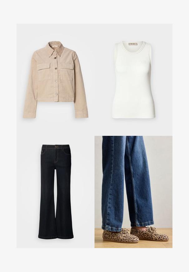 Beige cropped jakke lavet af bomuld. Har en spids krave, to forlommer og knaplukning. Struktureret stof med en subtil glans.; Hvid ribbet ærmeløs tanktop med rund halsudskæring og diskret "Mos Mosh"-logo på brystet.; Mos Mosh MMDARA DELUXE JEANS - Jeans Relaxed Fit - dark blue; Læderloafers med leopardmønster, lavet af ruskind, med rund tå, snøre-design og flade, fleksible såler, parret med blå denim jeans.