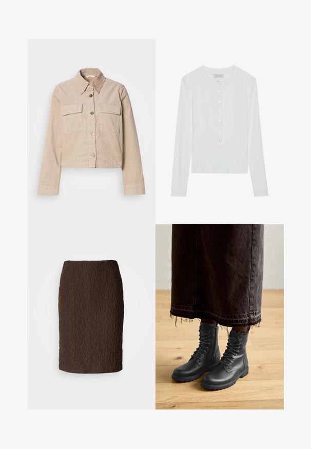 Beige cropped jakke lavet af bomuld. Har en spids krave, to forlommer og knaplukning. Struktureret stof med en subtil glans.; Hvid langærmet top lavet af ribbet stof, med en rund halsudskæring og en knaplukning foran med seks klare knapper.; Brun knælang nederdel lavet af tekstureret stof med en krøllet overflade. Har et tætsiddende design og ingen synlige lukninger eller accenter.; Sorte læder snørebåndstøvler med tekstureret overflade, midt på læggen, rundet tå og robust sål, parret med en mørk, frynset denimnederdel.