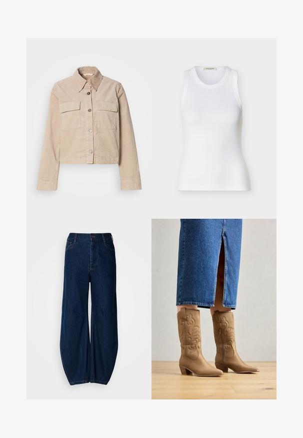 Beige cropped jasje van katoen. Heeft een puntige kraag, twee voorkruiszakken en een knoopsluiting. Getextureerde stof met een subtiele glans.; Witte geribbelde mouwloze tanktop met ronde halslijn, slanke pasvorm en Scotch & Soda merklabel binnenin de kraag.; Donkerblauwe denim wijde broek met hoge taille, knoopsluiting en twee voorzakken. Heeft een gladde textuur en zichtbare stiksels.; Tan leren westernlaarzen met decoratieve stiksels, een spitse neus en een gestapelde hak. Draag met een spijkerrok tot de knie, waardoor de laarzen zichtbaar zijn.