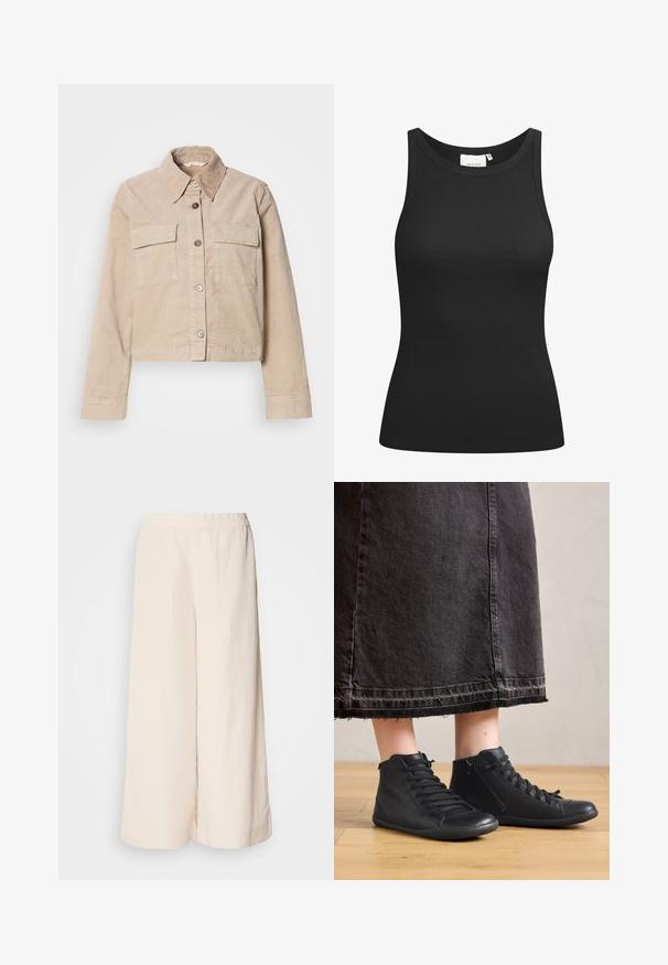 Chaqueta beige corta hecha de algodón. Presenta un cuello puntiagudo, dos bolsillos frontales y cierre de botones. Tejido texturizado con un ligero brillo.; Top negro sin mangas hecho de tela acanalada, con un escote en forma de bote y un ajuste ceñido. Costuras planas y sin adornos. Diseño simple y elegante.; Pantalones anchos de crema con cintura elástica, que presentan un ajuste relajado y una textura suave, ideales para uso casual.; Botas altas de cuero negro con una textura suave, que cuentan con cordones y una cremallera lateral. Llevadas con una falda larga de mezclilla negra.