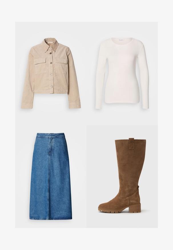 Beige cropped jasje van katoen. Heeft een puntige kraag, twee voorkruiszakken en een knoopsluiting. Getextureerde stof met een subtiele glans.; Witte lange mouwen geribbelde top met een ronde halslijn, gladde textuur en aansluitend ontwerp. Subtiele verticale lijnen creëren een slank uiterlijk.; Denim midi-rok met een ontspannen pasvorm, voorzien van een hoge taille, rafelige zoom en een effen blauwe kleur. Eenvoudig ontwerp zonder zichtbare versieringen.; Tamaris Laarzen - brown