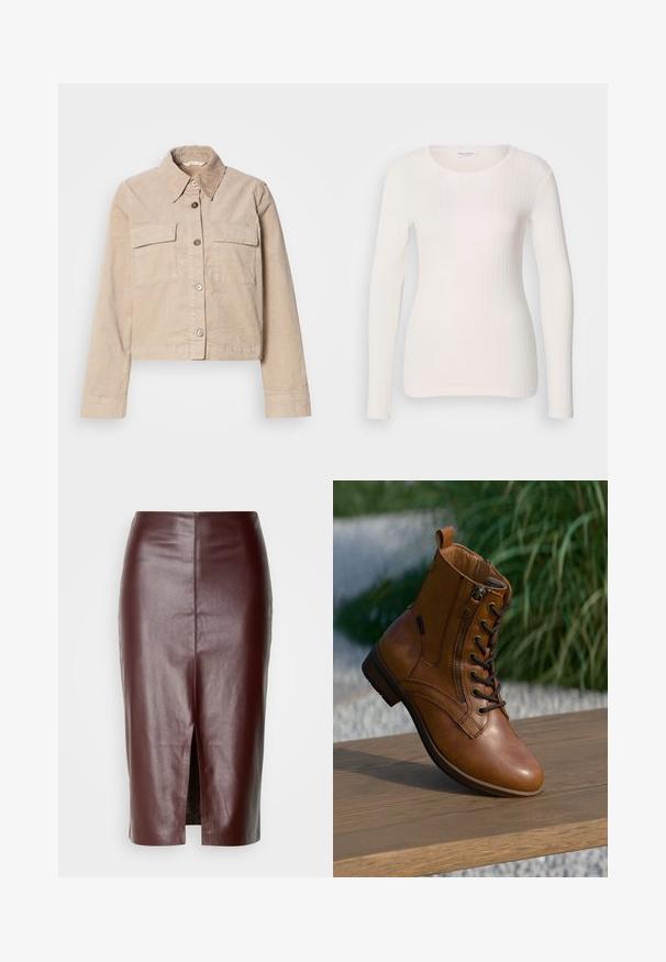 Beige cropped jasje van katoen. Heeft een puntige kraag, twee voorkruiszakken en een knoopsluiting. Getextureerde stof met een subtiele glans.; Witte lange mouwen geribbelde top met een ronde halslijn, gladde textuur en aansluitend ontwerp. Subtiele verticale lijnen creëren een slank uiterlijk.; Hoge taille, donkerbruin leren kokerrok met een naad in het midden achter en een achteropening, weergegeven op een witte achtergrond.; Bruine leren enkellaars met zijrits en veters, geplaatst op een houten oppervlak buiten met vervaagde groene achtergrond.