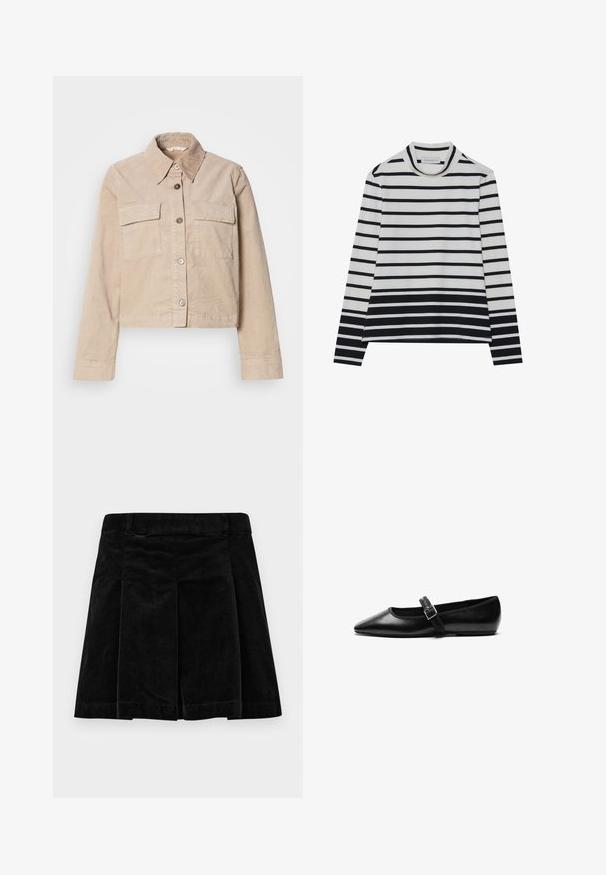 Beige cropped jakke lavet af bomuld. Har en spids krave, to forlommer og knaplukning. Struktureret stof med en subtil glans.; Langærmet bluse lavet af bomuld, med vandrette sorte og hvide striber, en høj mock neck og en afslappet pasform med sidesplits.; Sort fløjlskørt med plisseret design, der har en lige snit, tekstureret overflade og en talje for en sikker pasform.; Sorte flade sko lavet af læder med spidse tæer, justerbar rem med metalspænde, glat tekstur og minimalistisk design.