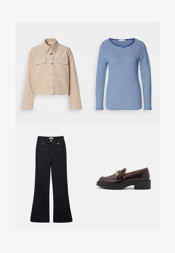 Beige cropped jakke lavet af bomuld. Har en spids krave, to forlommer og knaplukning. Struktureret stof med en subtil glans.; Langærmet skjorte med scoop-hals, prydet med skiftende blå og hvide vandrette striber. Fremstillet af blødt, letvægtsstof.; Sorte denim jeans med høj talje, flared ben, to frontlommer og orange syninger. Materialet ser solidt og glat ud.; Brune læder loafer med en guldaccent spænde, sort blokhælt og en glat tekstur. Sidevisningen viser en rund tå og stikninger.