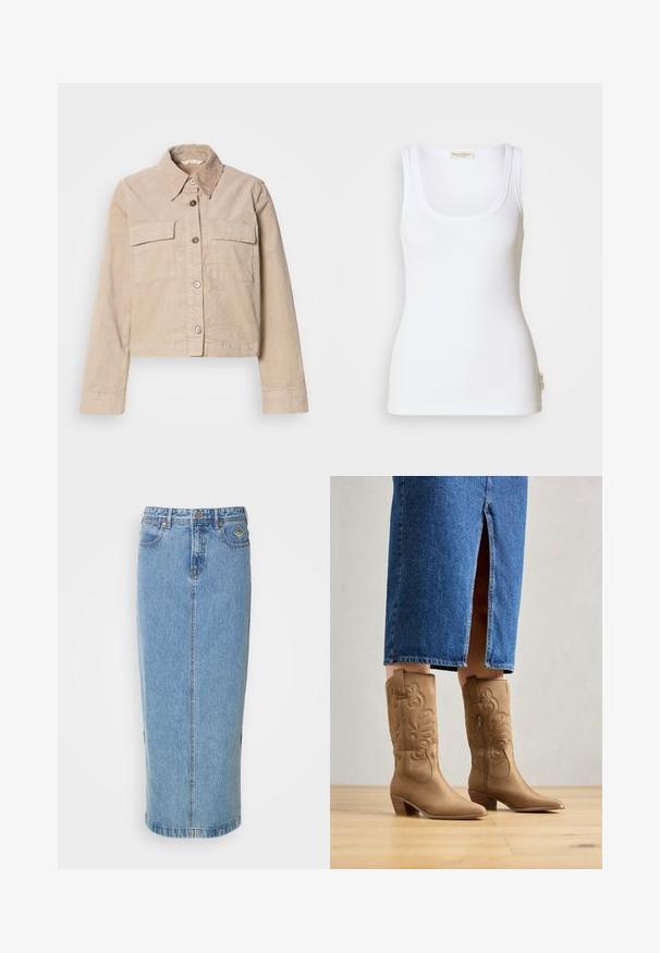 Beige cropped jasje van katoen. Heeft een puntige kraag, twee voorkruiszakken en een knoopsluiting. Getextureerde stof met een subtiele glans.; Witte geribbelde tanktop met een ronde halslijn en brede schouderbanden. Voorzien van een logolabel aan de zijkant van de zoom. Gemaakt van zachte, rekbare stof.; Lichtblauwe denim midi-rok met een rechte silhouet, sluiting met knopen aan de voorkant en zijzakken. Bevat subtiele stiksels en een merklabel.; Tan leren westernlaarzen met decoratieve stiksels, een spitse neus en een gestapelde hak. Draag met een spijkerrok tot de knie, waardoor de laarzen zichtbaar zijn.
