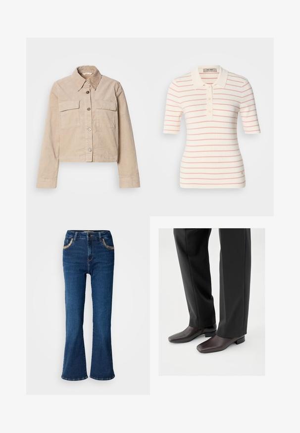Beige verkürzte Jacke aus Baumwolle. Verfügt über einen spitzen Kragen, zwei Vorderaschen und einen Knopfverschluss. Texturiert mit einem subtilen Glanz.; Ripp-Poloshirt in Creme mit rosa Streifen, kurzen Ärmeln, gewelltem Kragen und einer Knopfleiste mit drei Knöpfen. Kleines Logo-Detail am Saum.; Dunkelblaue ausgestellte Jeans mit einer glatten Denim-Oberfläche, kontrastierender goldener Naht und Akzenten an den Fronttaschen. Klassisches Fünf-Taschen-Design.; Dunkelbraune Lederschuhe mit quadratischer Spitze und kurzem Blockabsatz, getragen zu schwarzer, maßgeschneiderter Hose, die ein elegantes, gepflegtes Erscheinungsbild zeigt.