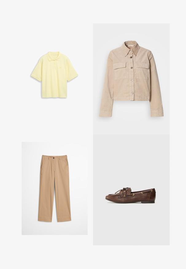 Veste beige coupée en coton. Présente un col pointu, deux poches avant et une fermeture à boutons. Tissu texturé avec un léger éclat.; Polo à manches courtes de couleur jaune pâle avec deux boutons et un petit détail en forme de cœur sur la poitrine gauche, sur fond uni.; Pantalon beige en coton avec jambes droites, fermeture à bouton sur le devant et texture lisse. Comprend des passants de ceinture standard et un design à l'avant plat.; Chaussure en cuir marron de style mocassin avec des lacets décoratifs, des œillets dorés, un bout rond et une semelle en caoutchouc plate.