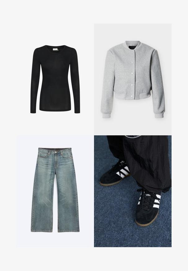 Blouson bomber gris clair en mélange de laine avec boutons-pression, col, poignets et ourlet côtelés, présenté sur fond blanc.; T-shirt noir à manches longues en matériau léger et transparent. Doté d'un décolleté rond et d'une silhouette cintrée avec un ourlet droit.; Jean bleu à jambes larges avec poches avant, passants de ceinture, fermeture par boutons et détails subtils d’usure sur les cuisses et les genoux.; Des chaussures de sport en suède noir avec trois rayures blanches et des lacets noirs. Un pantalon noir texturé est partiellement visible à côté des chaussures.