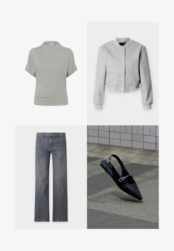 Blouson bomber gris clair en mélange de laine avec boutons-pression, col, poignets et ourlet côtelés, présenté sur fond blanc.; Haut à manches courtes gris clair avec un col montant et un détail subtil froncé sur le côté gauche près de la taille.; Jean droit gris en denim avec détails sur la couture avant, passants de ceinture et fermeture par bouton sur un fond clair uni.; Mocassin noir à bout pointu et bride arrière, avec double boucle, posé sur un asphalt gris près d'un mur carrelé en arrière-plan.