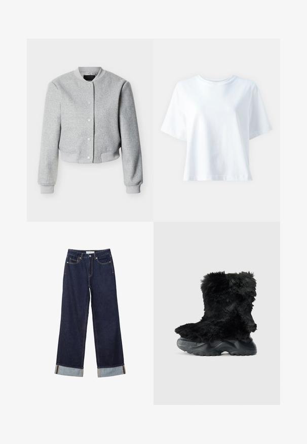 Blouson bomber gris clair en mélange de laine avec boutons-pression, col, poignets et ourlet côtelés, présenté sur fond blanc.; T-shirt en coton blanc avec un col rond, des manches courtes, une coupe décontractée et une texture lisse. Aucune motif ni accent visible.; Jean denim bleu foncé à jambes larges avec ourlets retroussés, bouton devant, braguette zippée et design à cinq poches.; Bottines noires en fourrure avec un dessus texturé, dotées d'une épaisse semelle en caoutchouc noir et d'un motif cranté pour une bonne adhérence et stabilité.
