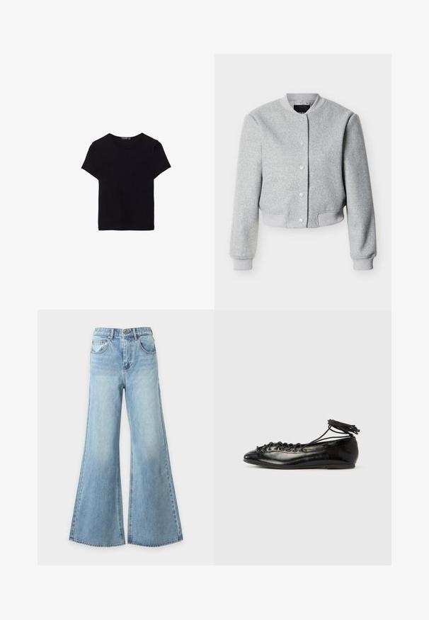 Blouson bomber gris clair en mélange de laine avec boutons-pression, col, poignets et ourlet côtelés, présenté sur fond blanc.; T-shirt en coton noir à manches courtes, col rond et design simple. Texture douce sans motifs ni accents visibles.; Jean bleu clair à jambes larges en denim avec fermeture à bouton et fermeture éclair à l'avant, passants de ceinture et poches avant, présenté sur un fond uni.; Ballerines en cuir verni noir avec un bout rond, un design à lacets et une semelle plate. Texture lisse avec peu de détails.