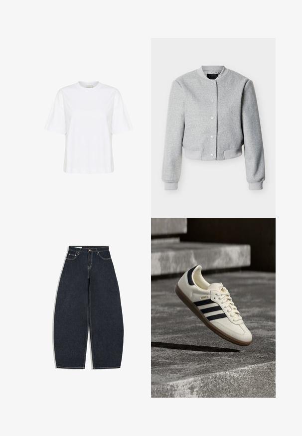 Blouson bomber gris clair en mélange de laine avec boutons-pression, col, poignets et ourlet côtelés, présenté sur fond blanc.; T-shirt en coton blanc avec un col rond, des manches courtes et une coupe décontractée. Présente des coutures latérales et un ourlet droit. Design simple et épuré.; Jean denim bleu foncé à jambes larges, taille haute, bouton à l'avant, fermeture éclair et design à cinq poches sur fond blanc.; Baskets blanches Adidas Samba avec des bandes noires et une semelle en gomme, flottant au-dessus de marches en béton gris texturé.