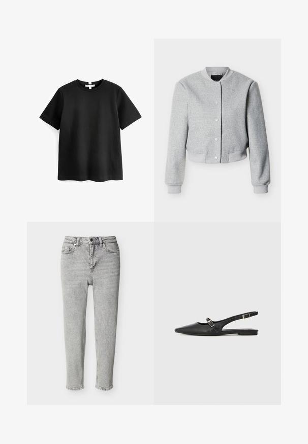 Chaqueta bomber de mezcla de lana gris claro con botones a presión, cuello, puños y dobladillo acanalados, mostrada sobre un fondo blanco.; Camiseta negra de manga corta hecha de algodón. Cuello redondo con dobladillo recto y sin patrones ni gráficos visibles. Textura suave y lisa.; Vaqueros de pierna recta, de tiro alto y gris claro, con botones y cremallera delanteros, bolsillos delanteros y traseros, mostrados sobre un fondo blanco liso.; Zapatos slingback de cuero negro con punta afilada, que cuentan con una correa estrecha y un detalle de hebilla plateada en el lateral. Suela plana.