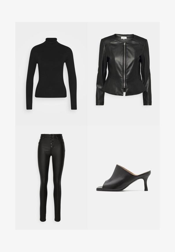 Schwarze Lederjacke mit tailliertem Design, Peplum-Taille und einem Frontreißverschluss. Sie verfügt über einen Rundhalsausschnitt und lange Ärmel mit subtilen Nähdetails.; Schwarzer Rollkragenpullover mit langen Ärmeln, gefertigt aus einem glatten Strickstoff. Hat ein tailliertes Design und einen gerippten Kragen.; ONLY Tall ONLBLUSH SKINNY BUTTON - Stoffhose - black; Selected ASHLEY - Pantolette hoch - black