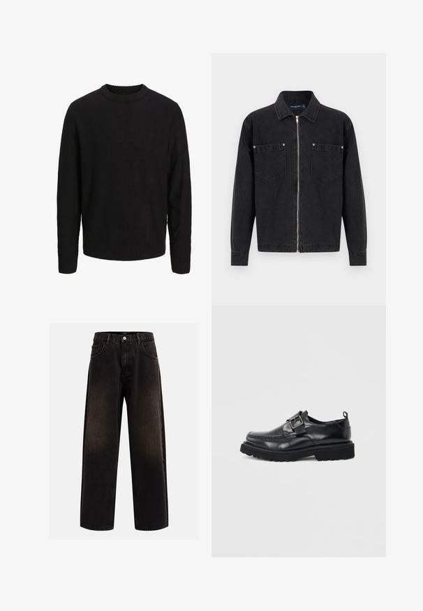 Sort denimjakke med lange ærmer, fuld lynlås foran, to brystlommer med knappetaljer og en klassisk krave.; Sort langærmet strikket sweater med rund halsudskæring, ribstrikkede manchetter og kant, vist på en ensartet lys grå baggrund.; Sorte denim jeans med en afslappet pasform, der har bæltestropper, fem-lomme design og en knaplukning. Struktureret stof med let falmning.; Sort læderloafer med tyk sål og sølvspændebånd på siden mod hvid baggrund.