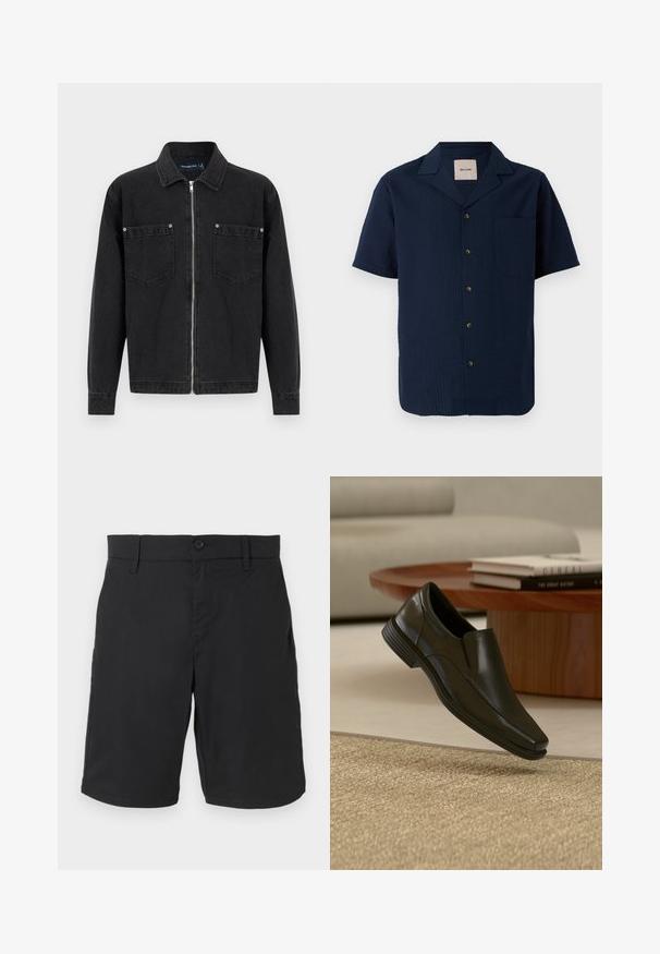 Veste en denim noir à manches longues, fermeture éclair intégrale à l'avant, deux poches poitrine avec détails à boutons, et col classique.; Chemise à manches courtes bleu marine avec un motif texturé, fermeture à boutons et une poche poitrine unique. Le matériau semble léger et respirant.; Shorts noirs mi-longue avec fermeture à bouton et fermeture éclair, passants pour ceinture et poches latérales, présentés à plat sur un fond blanc.; Chaussure habillée noire en cuir sans lacets flottant au-dessus d'un tapis beige tissé, avec une table basse ronde en bois et des livres empilés en arrière-plan.