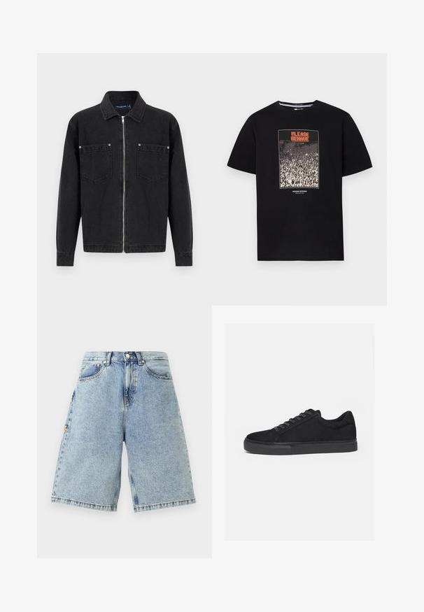 Sort denimjakke med lange ærmer, fuld lynlås foran, to brystlommer med knappetaljer og en klassisk krave.; Sort T-shirt med en grafik af en menneskemængde og orange tekst "PLEASE BEHAVE" over menneskemængden, med lille tekst "WEEKEND OFFENDER ADMIT NOTHING" under.; Blå denim shorts med høj talje, løs pasform, fem lommer og synlige sy-detaljer. Glat tekstur med en lys vaskefinish.; Sort lavtop sneaker med snørelukning foran og flad gummisål, vist fra siden på en hvid baggrund.