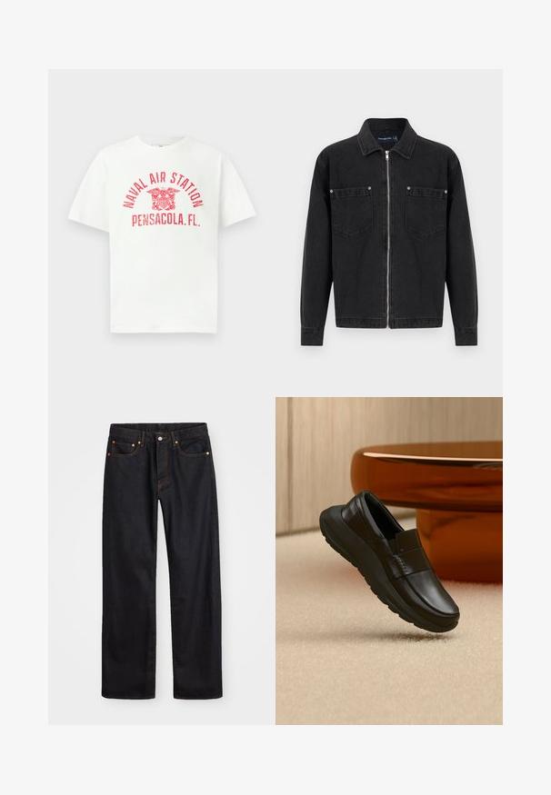 Sort denimjakke med lange ærmer, fuld lynlås foran, to brystlommer med knappetaljer og en klassisk krave.; Hvid T-shirt med korte ærmer med rød tekst "NAVAL AIR STATION PENSACOLA, FL." og et ørneemblem i midten foran.; Mænds lige ben sorte denim jeans med fem lommer og orange syninger, knap- og lynlåslukning foran på taljen.; Sort læderloafer med tyk sål, vist over beige tæppe og nær en rund bordfod i ravfarve.