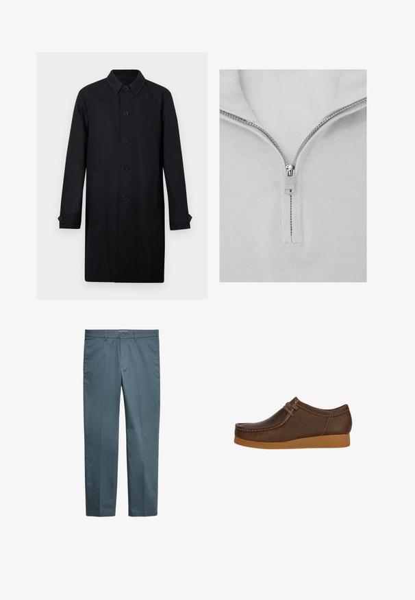 Schwarzer langer Herrenmantel mit Knopfleiste vorne, spitzem Kragen, Seitentaschen und geknöpften Ärmelmanschetten.; Hellgrauer Strickpullover mit einem Reißverschluss bis zur Viertellänge, ausgestattet mit einer glatten Textur und Metallreißverschlussbeschlägen.; Herren-Hosen mit geradem Bein in dunkelgrünem Teal, mit Knopfverschluss, Gürtelschlaufen und Seitentaschen, flach auf weißem Hintergrund präsentiert.; Brauner Lederschuh mit rundem Zeh und genähten Details, ausgestattet mit einer braunen Schnürung und einer strukturierten, tanfarbenen Gummisohle.