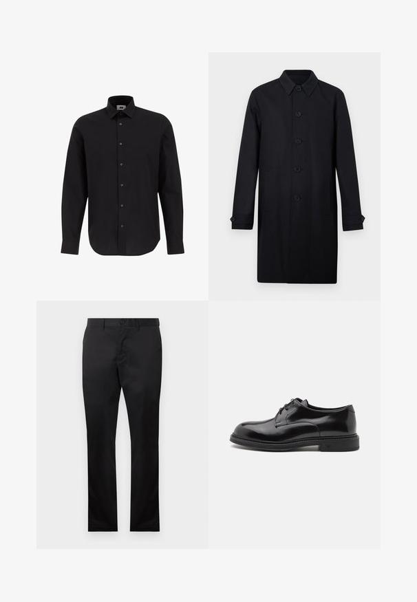 Abrigo largo para hombre en color negro con cierre frontal de botones, cuello puntiagudo, bolsillos laterales y puños con botones.; Camisa negra de manga larga y botonadura frontal, hecha de tejido entrelazado, con cuello clásico, dobladillo recto y botones negros en el frente.; Pantalones de algodón negros con un diseño de pierna recta, que cuentan con un cierre de botón frontal y bolsillos laterales, textura suave y sin patrones visibles.; Zapato de vestir de cuero negro con un acabado suave, punta redondeada y cordones. Cuenta con una suela negra gruesa y un sutil detalle de costura a lo largo del borde.