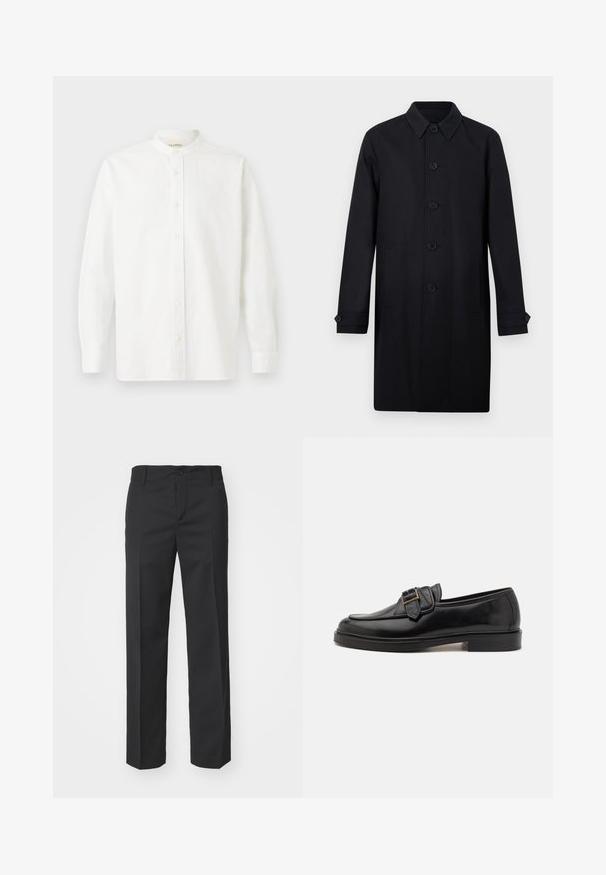 Manteau long pour homme noir avec fermeture à boutons sur le devant, col pointu, poches latérales et poignets de manches boutonnés.; CLOSED COLLARLESS SHIRT - Chemise - white; Filippa K TROY TROUSERS - Pantalon classique - black; Mocassins en cuir noir avec un bout arrondi et une boucle décorative. Talon plat, solide et texture lisse sur l'ensemble.