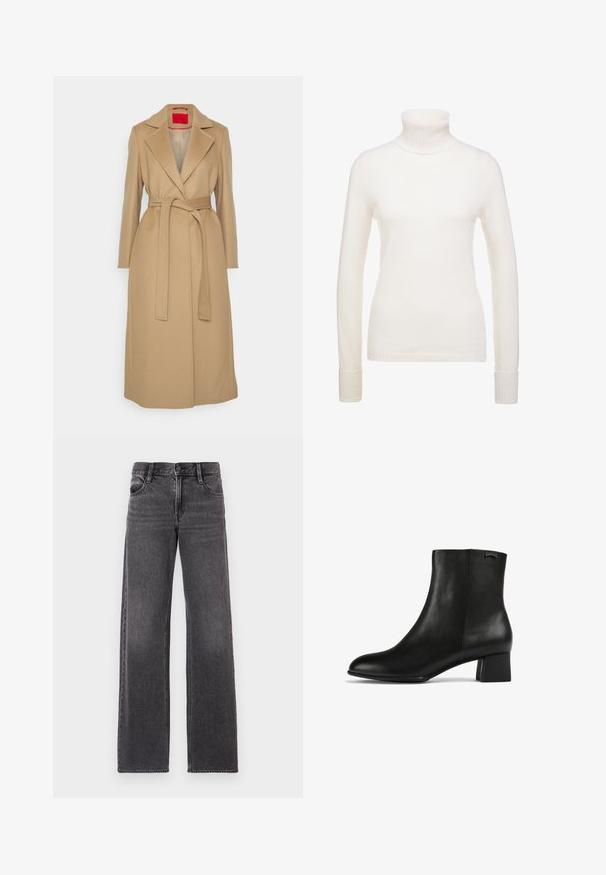 Beige lang frakke med notched lapel, bælte i taljen og lige snit. Glat tekstur med rød indvendig foering. Ingen synlige metaldele.; FTC Cashmere Striktrøje - pristine white; Mørkegrå brede jeans lavet af denim, med en frontknap, to baglommer og kontrastsyninger langs sømmene.; Sort læder ankelstøvle med rund tå, lav blokhælh, glat tekstur og en subtil logoaccent på anklen.