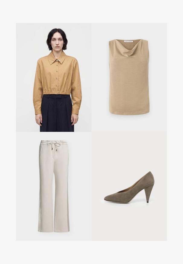 Femme aux cheveux courts et foncés portant une chemise courte boutonnée beige et un pantalon large taille haute foncé, debout devant un fond uni.; Blouse beige sans manches avec encolure drapée et ourlet droit, en tissu lisse, étiquette Tiger of Sweden à l'intérieur du col.; Pantalon beige clair à jambes larges avec taille élastique et cordon, poches latérales et détails subtils de coutures.; Escarpin en daim taupe à talon haut, bout pointu et talon en forme de cône sur fond blanc.