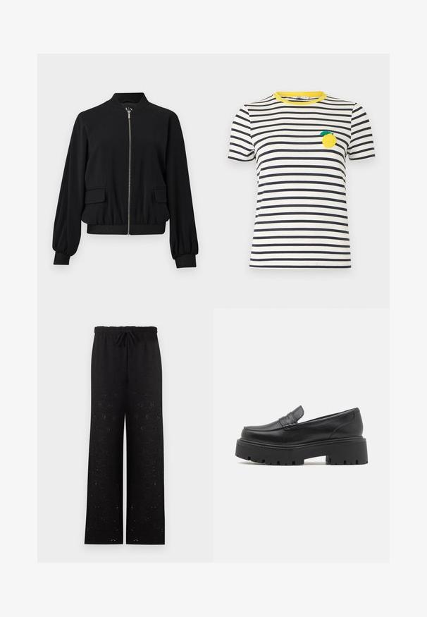 Sort bomberjakke med lynlås foran, elastiske manchetter og kant, to lommer med klap og en lille opretstående krave.; Hvid og sort, vandret striped kortærmet t-shirt med gul halsudskæring og citronmærke på venstre bryst.; Sorte bukser med vide ben, elastisk talje og snøre, med et diskret hulmønster med blomster over det hele.; Sorte læder loafers med en lav, grov gummi sål, syede detaljer på overdelen og en glat overflade.