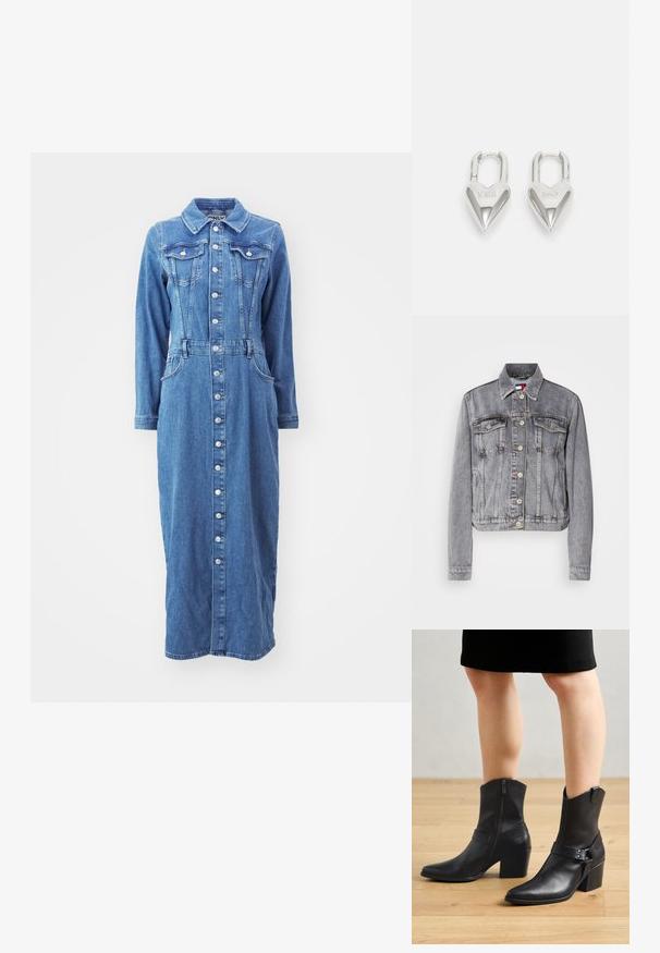 Chaqueta de mezclilla gris con un diseño cropped, dos bolsillos en el pecho, cierre de botones y acentos de costura visibles. Mangas largas con puños.; Vestido de denim con cierre de botones en el frente, mangas largas, bolsillos en el pecho y una cintura entallada, en un lavado azul medio con una silueta recta.; Botines de cuero negro con punta afilada, cierre de cremallera, tacón curvado y una correa decorativa con detalles metálicos.; Candados en forma de corazón de plata con inscripciones grabadas de "SÍ" y "NO", acabado pulido, diseño simétrico y un robusto cierre de metal.