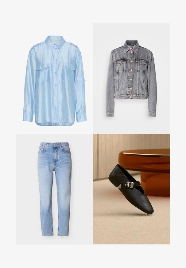 Grijze denim jas met een cropped ontwerp, twee borstzakken, knoopsluiting en zichtbare stikaccenten. Lange mouwen met manchetten.; Lichtblauw satijnen overhemd met lange mouwen, knoopsluiting aan de voorkant, twee borstzakken met klep en schouderepauletten.; Lichtblauwe jeans met hoge taille en rechte pijpen, voorzien van knopen aan de voorkant, een ritssluiting en vijf zakken, afgebeeld op een witte achtergrond.; Zwart leren platte schoen met spits toelopende neus en zilveren gespband, geplaatst op een beige tapijt voor een ronde tafel met amberkleurige afwerking.