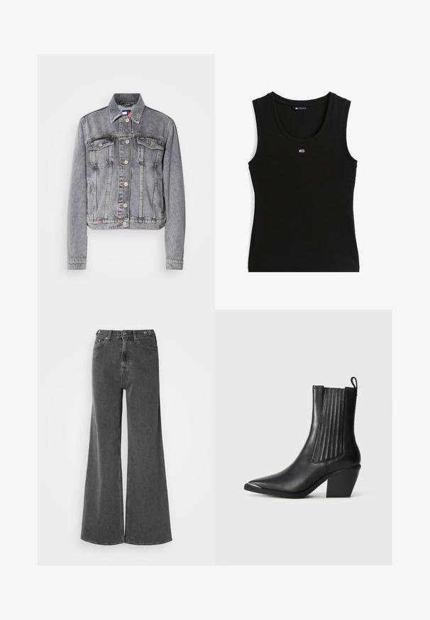 Grå denimjakke med en cropped design, to brystlommer, knaplukning og synlige syninger. Lange ærmer med manchetter.; Sort ribbet ærmeløs tanktop med lille rød, hvid og blå rektangulært logo midt på brystet og mærkat i kraven med teksten Tommy Jeans.; Bredde ben jeans i falmet sort denim, med høj talje, to frontlommer og metalknaplukninger. Glat tekstur, minimal design.; Sort læder ankelstøvle med spids tå, ribbede sidepaneler og en kraftig hæl, placeret på en struktureret fliseoverflade.