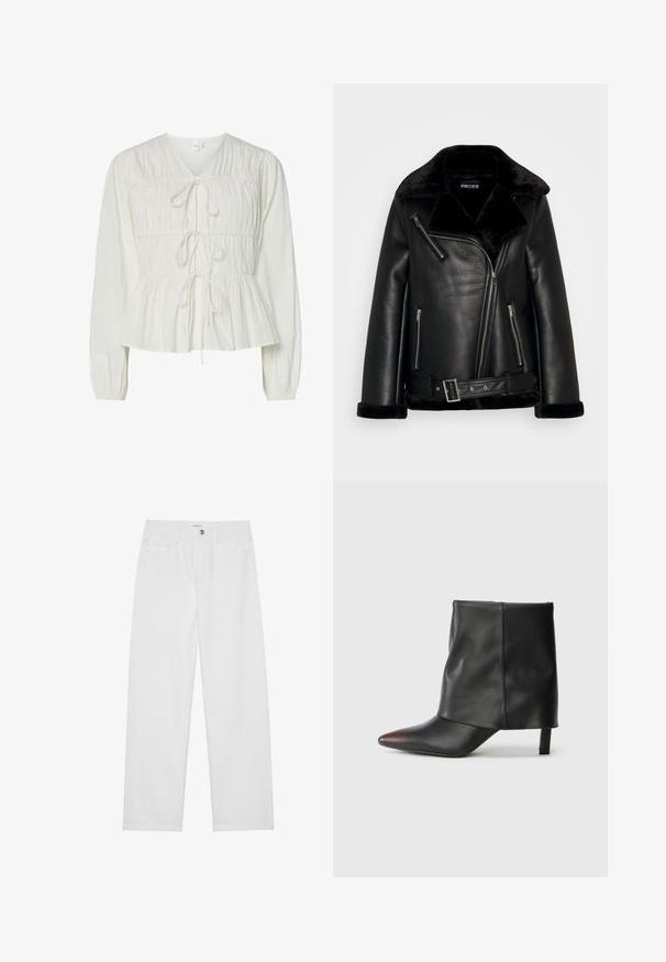 Chaqueta de moto de imitación de cuero negro con un amplio cuello, frontal con cremallera y detalle de cinturón. Presenta suaves acentos de pelo sintético negro en el cuello y los puños.; Blusa blanca de manga larga con tres cierres frontales de lazo, detalles de tejido fruncido, puños elásticos y dobladillo de estilo peplum.; Pantalones de denim blancos con un corte holgado, con cierre de botón en la parte frontal, bolsillos delanteros y traseros, y un diseño de pierna recta. Textura lisa y sin patrones.; Botín negro de piel lisa con punta afilada y tacón cónico. La parte superior presenta un diseño ligeramente fruncido.