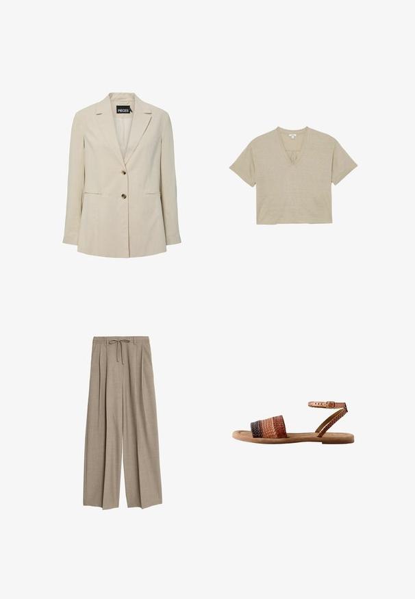 Beige skræddersyet blazer med hakkede revers, to knapper, lange ærmer og to forlommer.; Beige kortærmet crop top med V-udskæring, lagt fladt på en hvid baggrund.; Beige højtaljede bukser med en afslappet pasform, der har pletter og en snøre i taljen. Materialet ser ud til at være tekstureret og let.; Brun lædersandal med flettet remdesign, flad sål, justerbar ankelspænde og en blød tekstureret fodseng.
